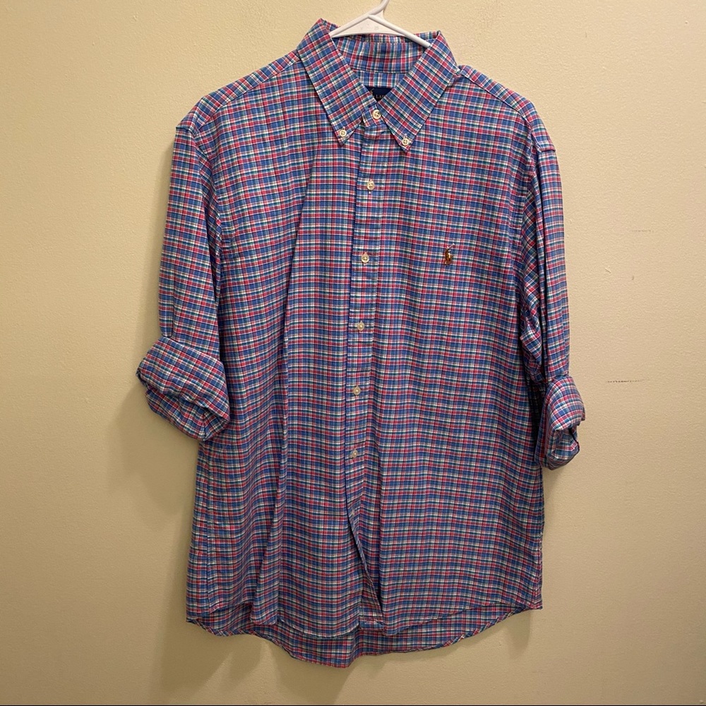 Polo Ralph Lauren Blue Pink Plaid Shirt Large EUC